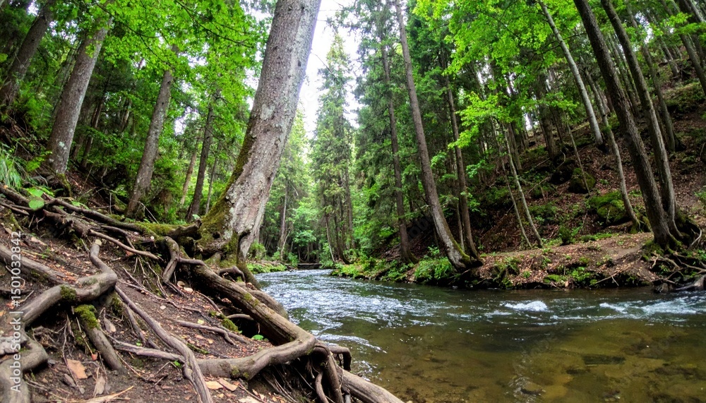 Obraz premium Serene river flows through lush, vibrant forest with exposed tree roots