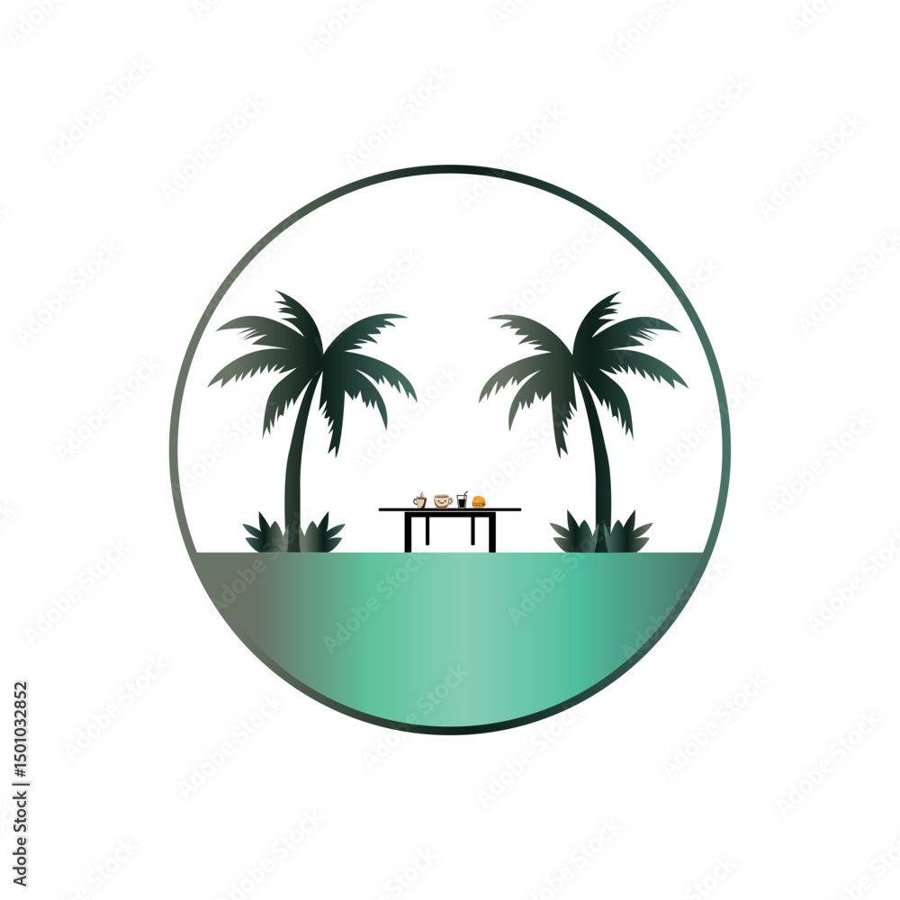 Obraz premium Tropical beach logo featuring palm trees and a drink table in a relaxing summer vacation scene