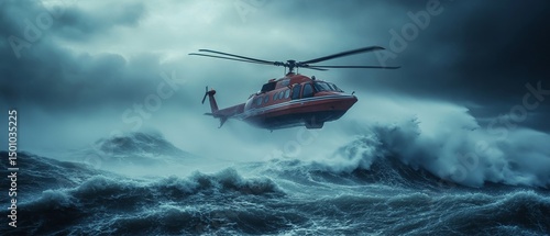 dramatic ocean rescue where helicopters hover above stormy waves, guiding a lifeboat to safety under a darkened sky, Generative AI