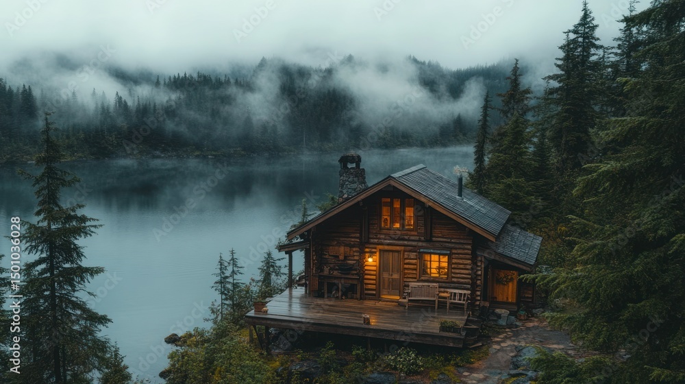 Fototapeta premium Misty Mountain Cabin on Lakeside Deck at Dawn