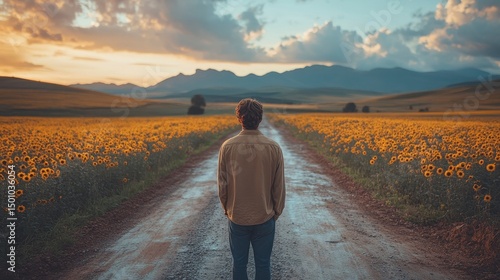 Person gazes toward mountains through sunflower field under sunset
