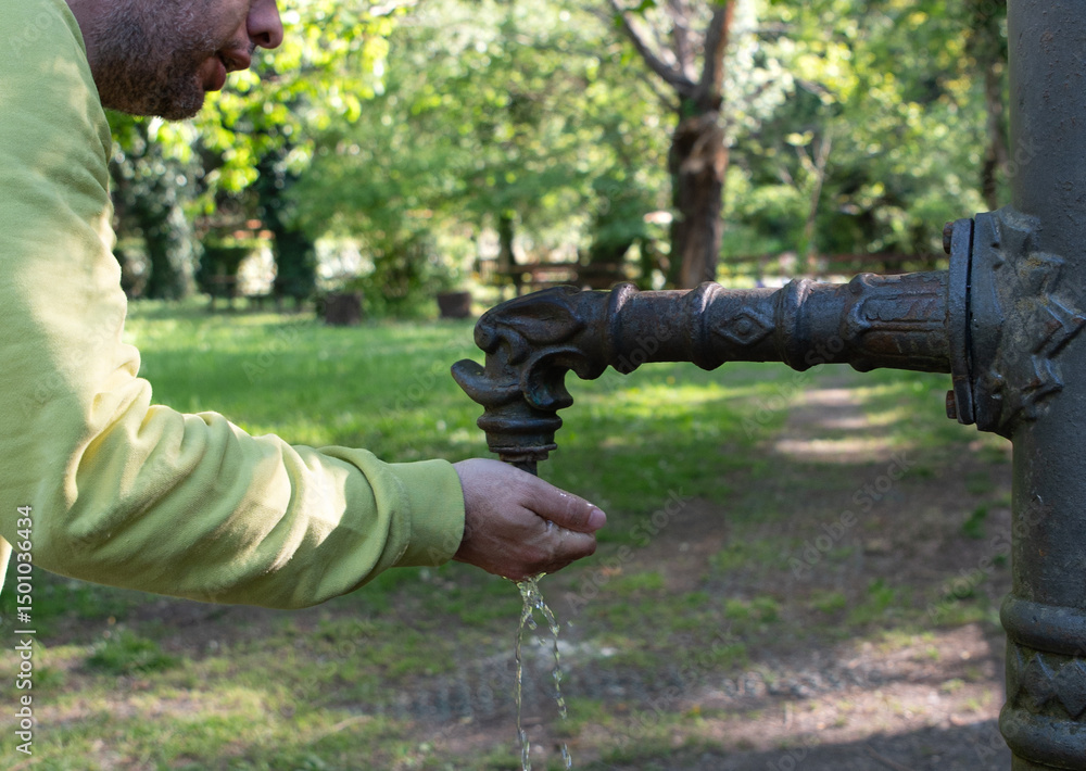 Fototapeta premium Man Drinking from Elegant Vintage Street Fountain in Park