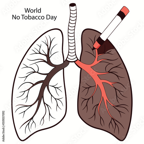 World No Tobacco Day Illustration Featuring a Healthy Lung vs. Smoker's Damaged Lung with Cigarette Illustration – Medical Awareness Art Promoting Lung Health and Anti-Smoking Message