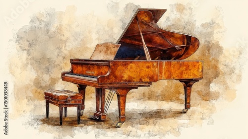 A grand piano with a matching bench, depicted in a watercolor style against a neutral background
