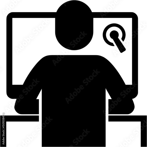 Silhouette of a person working at a computer desk with monitor  