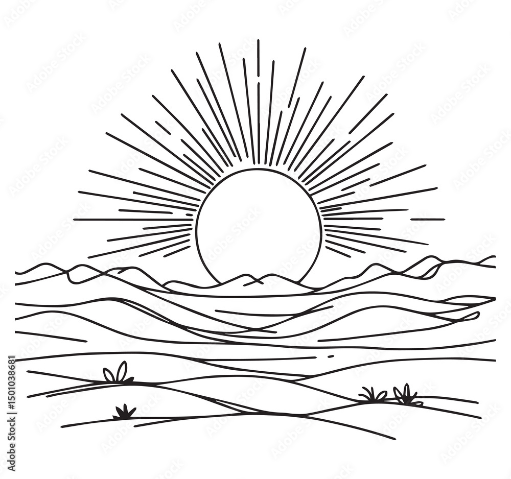 Fototapeta premium Minimalist Line Art: Desert Landscape with Rising Sun Illustration - Black and White Graphic Design for Prints & Wall Art Decor