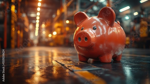 A piggy bank sits on a factory floor, symbolizing industrial finances and savings