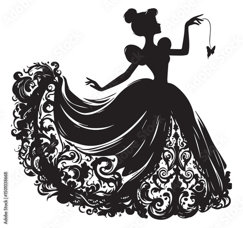 Cinderella Silhouette Vector Art: Elegant Princess with Butterfly, Ornate Dress Design, Fairytale Illustration, Black and White Clipart