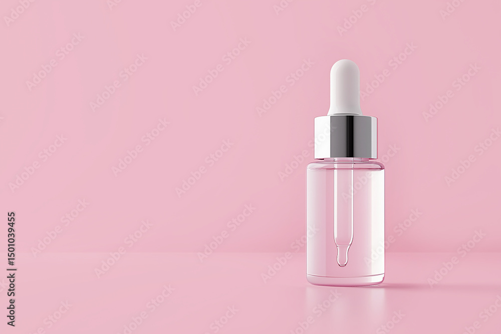 Glass bottle with pipette with moisturizing serum on pink background with copy space. Glass bottle with pipette with moisturizing serum on pink background with copy space.