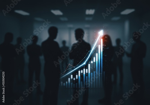 Digital Illustration of Business Team and Growth Chart in a Dark Room