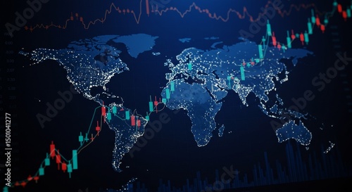 Digital Illustration of Global Stock Market Trading Data on World Map