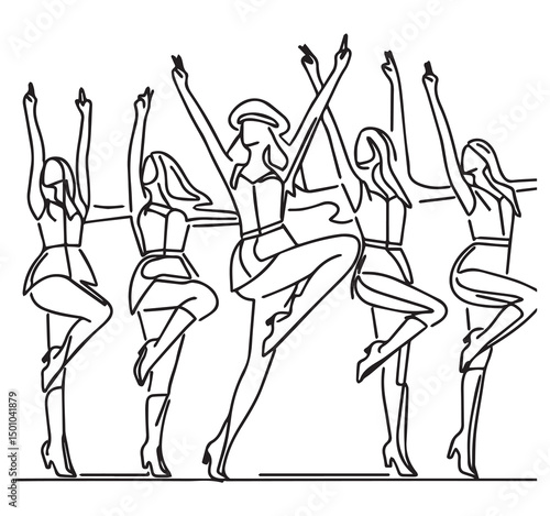 Line Art Illustration of Dancers in High Heels: Elegant Continuous Line Drawing of Women Performing a Dance Routine, Fashion & Art