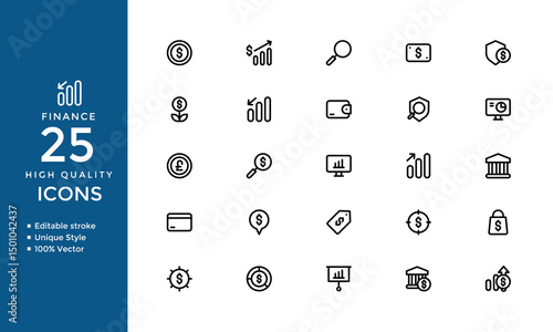 Finance Line Icons – Banking, Investment, Accounting, Audit, Income, Loan, Money, Tax, Budget, Financial Growth and Business Economy Editable Vector Symbols Set