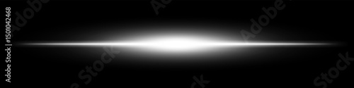 White light burst. Horizontal glowing ray with soft edges, shining core, radial beam gradient on black background. Suitable for future, energy, sci-fi, technology, speed, flash.