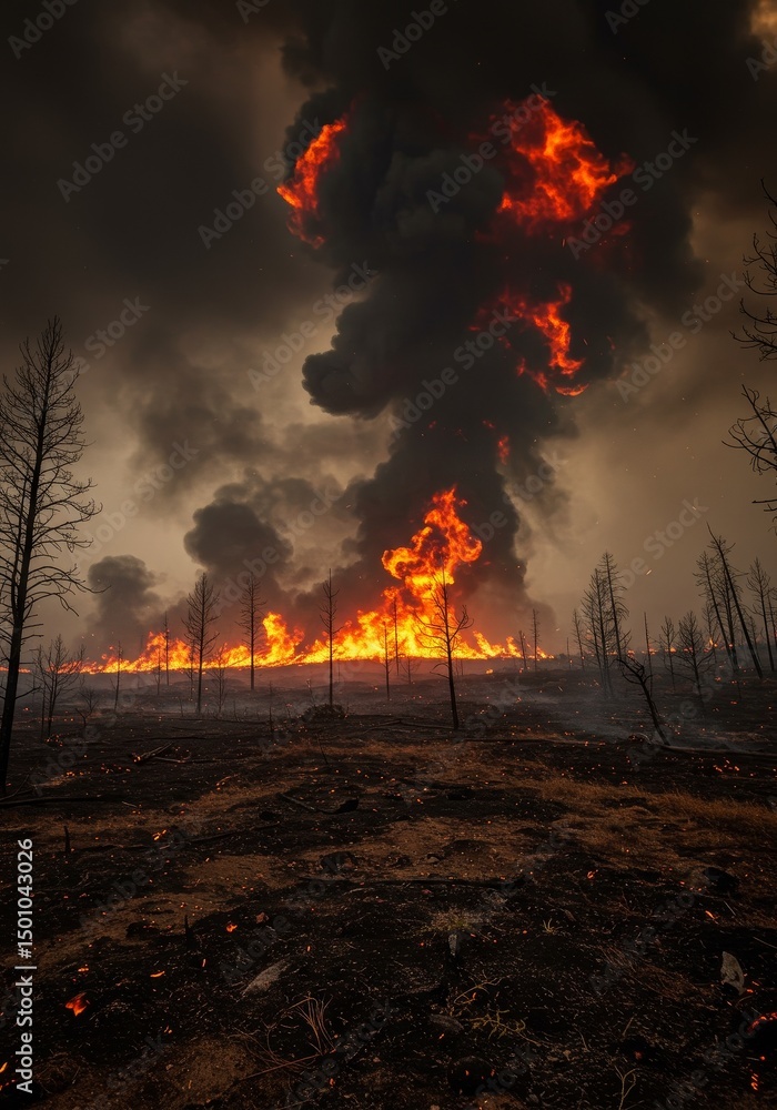 Fototapeta premium Dramatic Photo Of Wildfire Burning Forest With Orange Flames And Black Smoke