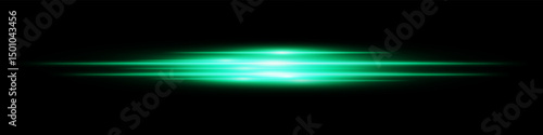 Green energy beam. Bright horizontal streaks with layered glow and radiant effect on black background. Great for power, sci-fi, motion, tech, future design.
