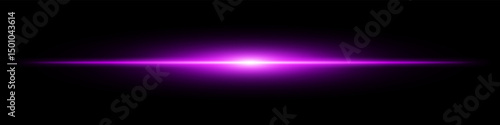 Purple light burst. Horizontal glowing ray with soft edges, shining core, radial beam gradient on black background. Suitable for future, energy, sci-fi, technology, speed, flash.