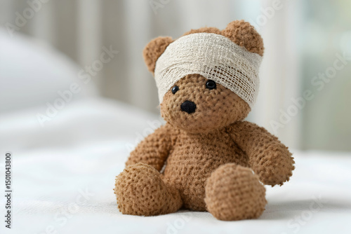 A cute brown teddy bear with a bandaged head sits on a white surface, suggesting injury or care.