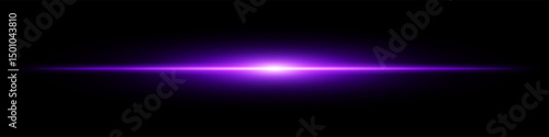 Purple light burst. Horizontal glowing ray with soft edges, shining core, radial beam gradient on black background. Suitable for future, energy, sci-fi, technology, speed, flash.