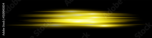 Yellow light speed effect. Multiple horizontal streaks in neon glow with speed motion on dark transparent background. Ideal for technology, digital, future, sci-fi visuals.