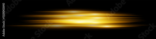 Yellow light speed effect. Multiple horizontal streaks in neon glow with speed motion on dark transparent background. Ideal for technology, digital, future, sci-fi visuals.