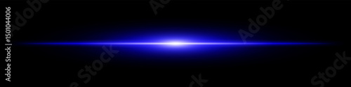 Blue light burst. Horizontal glowing ray with soft edges, shining core, radial beam gradient on black background. Suitable for future, energy, sci-fi, technology, speed, flash.