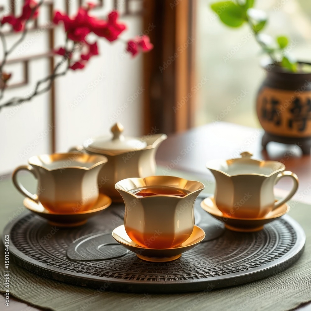 Fototapeta premium Elegant Tea Set with Gold Accents on Decorative Tray in Cozy Tea Room