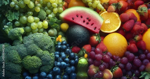  Healthy food concept with fruits and vegetables. Colorful vegetables, fruits, and grains. Fresh vegetable and fruit. Organic fruits. Healthy food. Healthy eating. Nutrition food. Top view. Copy space
