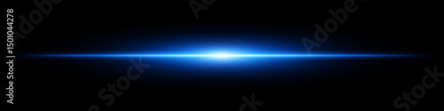 Blue light burst. Horizontal glowing ray with soft edges, shining core, radial beam gradient on black background. Suitable for future, energy, sci-fi, technology, speed, flash.