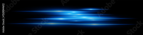 Blue motion streaks. Blurred glowing lines with soft light burst on black background, creating illusion of movement and depth. Ideal for speed, sci-fi, tech, energy effects.