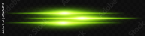 Green triple flare. Three horizontal glowing beams with vibrant energy core on dark background. Ideal for future, energy, sci-fi, tech, power, digital effect.