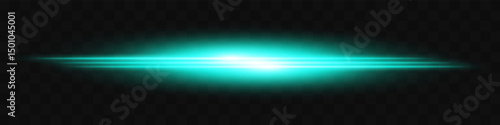 Blue light flash. Intense horizontal burst with glowing streaks on transparent background. Dynamic, hot energy line ideal for speed, sci-fi, power, laser, heat.