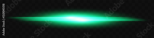 Green light flash. Intense horizontal burst with glowing streaks on transparent background. Dynamic, hot energy line ideal for speed, sci-fi, power, laser, heat.