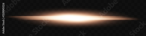Golden light flash. Intense horizontal burst with glowing streaks on transparent background. Dynamic, hot energy line ideal for speed, sci-fi, power, laser, heat.