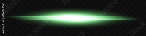 Green light flash. Intense horizontal burst with glowing streaks on transparent background. Dynamic, hot energy line ideal for speed, sci-fi, power, laser, heat.