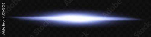 Blue light flash. Intense horizontal burst with glowing streaks on transparent background. Dynamic, hot energy line ideal for speed, sci-fi, power, laser, heat.
