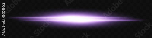 Purple light flash. Intense horizontal burst with glowing streaks on transparent background. Dynamic, hot energy line ideal for speed, sci-fi, power, laser, heat.