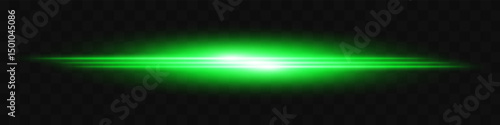 Green light flash. Intense horizontal burst with glowing streaks on transparent background. Dynamic, hot energy line ideal for speed, sci-fi, power, laser, heat.