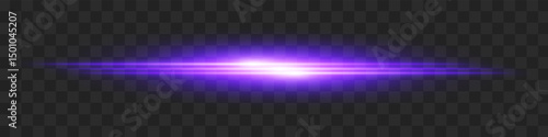 Purple light flash. Intense horizontal burst with glowing streaks on transparent background. Dynamic, hot energy line ideal for speed, sci-fi, power, laser, heat.