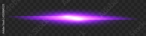 Purple light flash. Intense horizontal burst with glowing streaks on transparent background. Dynamic, hot energy line ideal for speed, sci-fi, power, laser, heat.