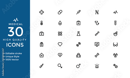 Medical Line Icons Set – Editable Stroke Collection of Vaccine, Stethoscope, X-Ray, Oxygen Mask, and Healthcare Symbols
