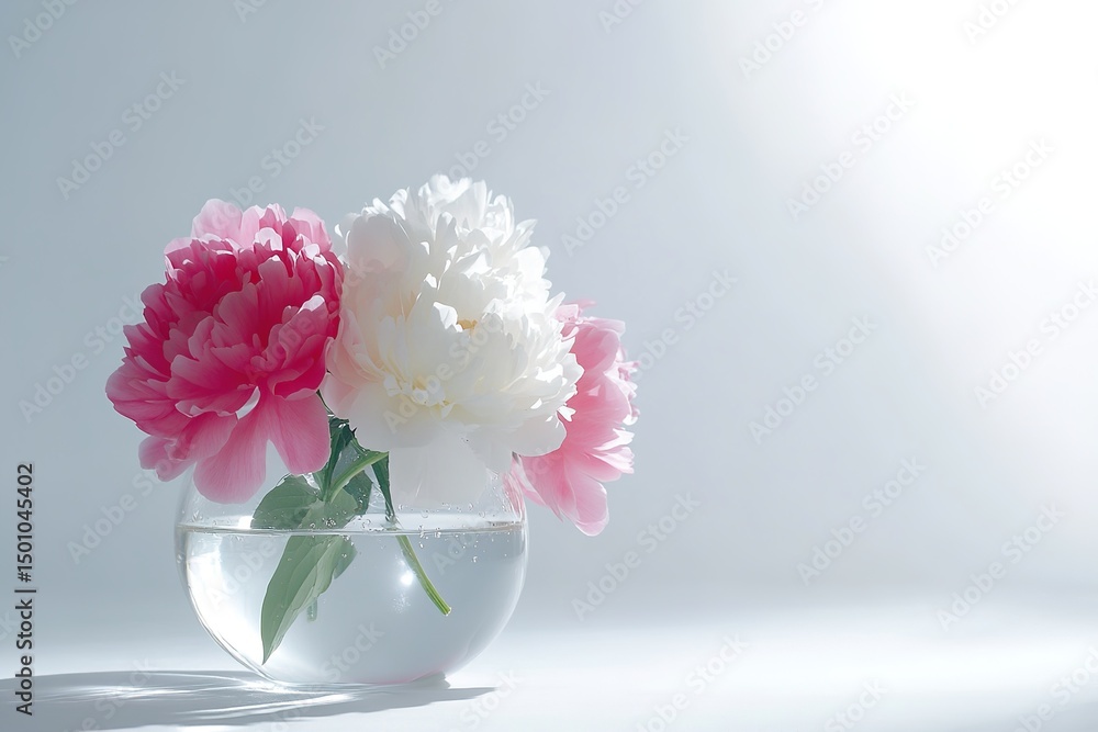 Obraz premium Minimalistic composition featuring delicate pink and white peonies in transparent glass vase on light neutral backdrop. Ideal for wedding invitations, interior styling and product displays