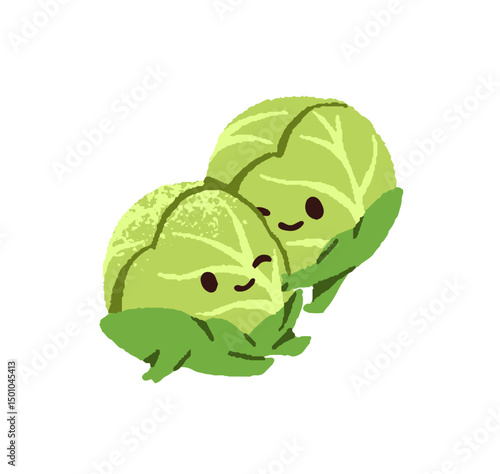 Couple of cute cabbages loves each others and hugs. Happy pair of vegetables cuddles together. Funny farm cartoon characters embrace. Flat isolated hand drawn illustration on white background