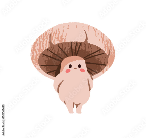 Cute confused mushroom stands with sad facial expression. Pensive bolete with upset emotions on face. Puzzled boletus character doubts. Flat isolated hand drawn illustration on white background
