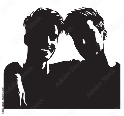 Silhouette Portrait of Two Young Men: Black and White Vector Illustration of Friendship and Camaraderie
