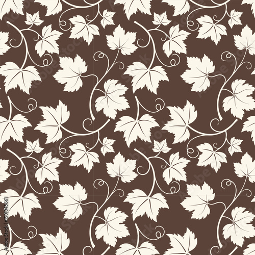 Grapevine with leaves pattern, white vine silhouette on brown dark background.
