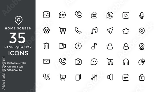 Home Screen Line Icons – Mobile App UI Vector Set with Call, Message, Shopping & Media Symbols