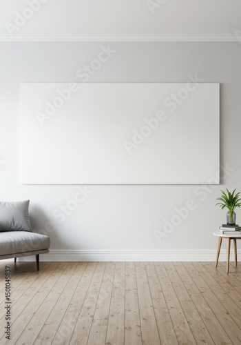 Empty Interior Photo Showing Modern Living Room With White Wall and Wooden Floor