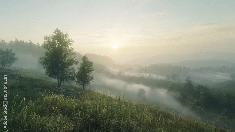 Fog rolling over valley with tree layers soft light and calm mood perfect for peaceful and atmospheric visuals Fog rolling over valley with tree layers soft light and calm mood perfect for peaceful and atmospheric visuals