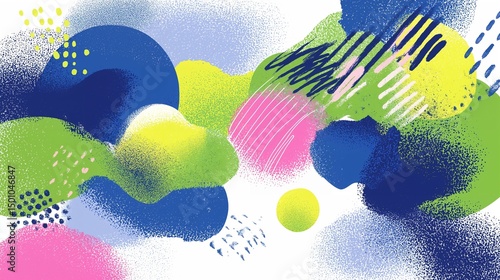 Dynamic abstract artwork featuring bright splashes of blue, green, pink, and yellow with modern brush textures and design elements.
